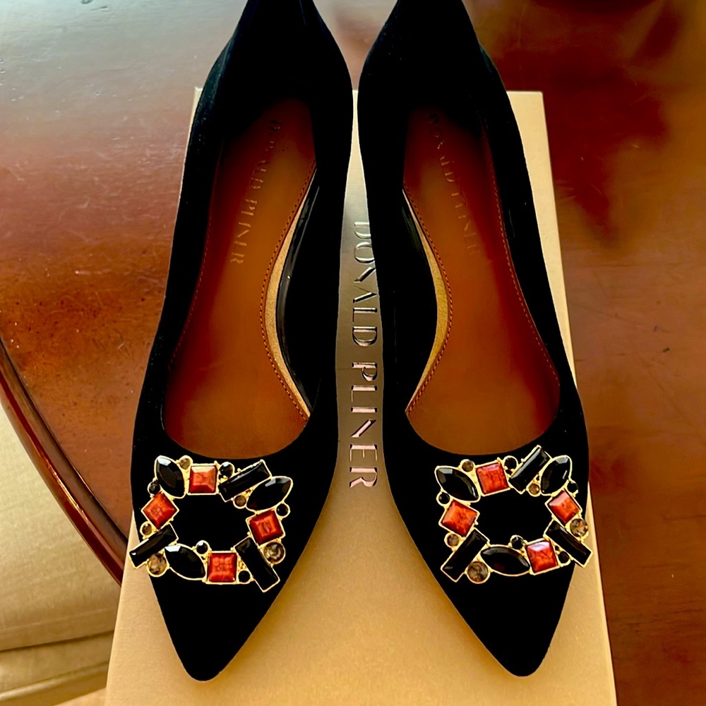 Donald Pliner suede pumps with a gold and stone buckle